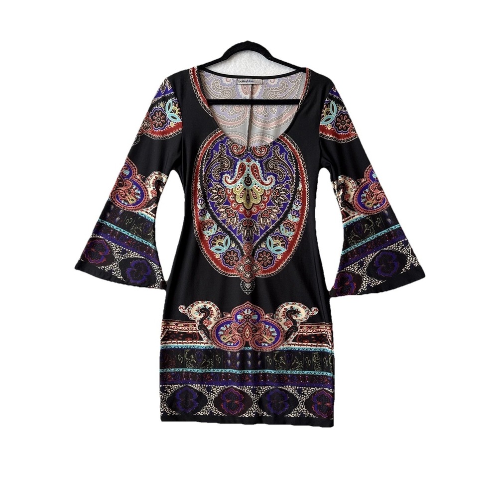 Bailey Blue Colorful Paisley Scoop Neck Flare Sleeve Bodycon Dress S Boho Hippie